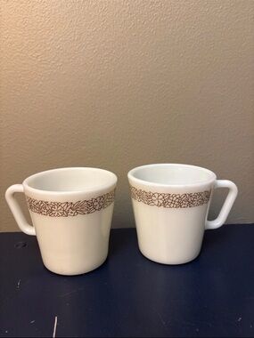 Pyrex White Mugs with Brown Floral Band - Set of 2